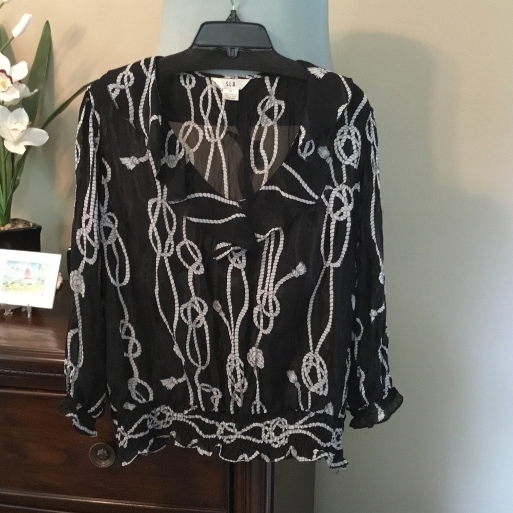 S.L.B.-Women’s Black/White Sheer Nautical Rope-Print V-Neck Blouse